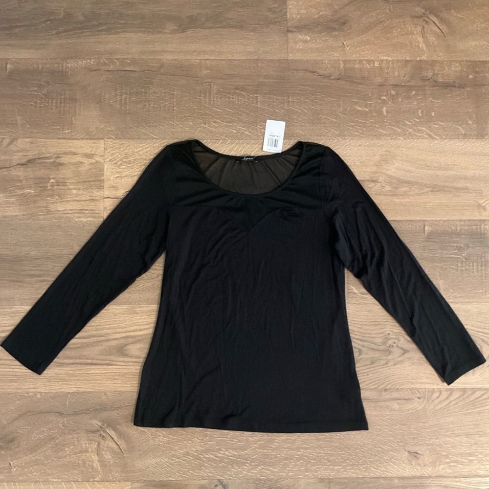 Soprano black long sleeved top with princess cut sheer neckline, 1X, NWT!